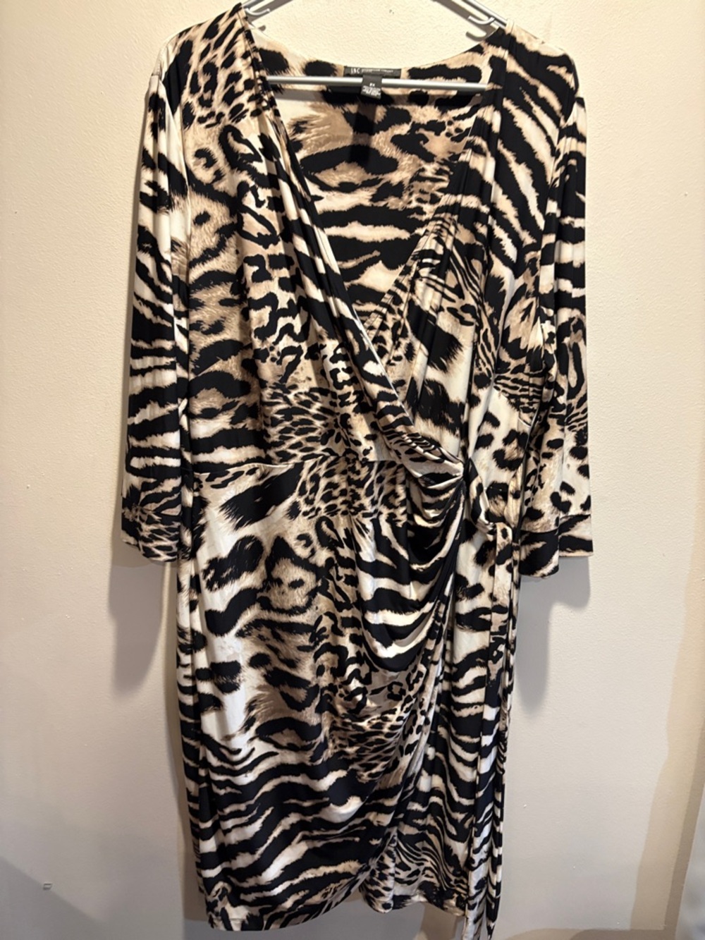 INC International Concepts Black and Cream Animal-Print Midi Wrap Dress